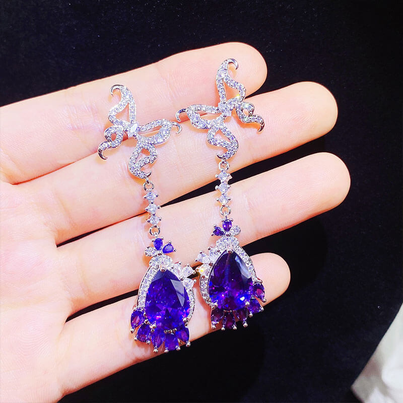 New Butterfly Stud Earrings Water Drop Pear Shaped Amethyst Long Zircon Earrings