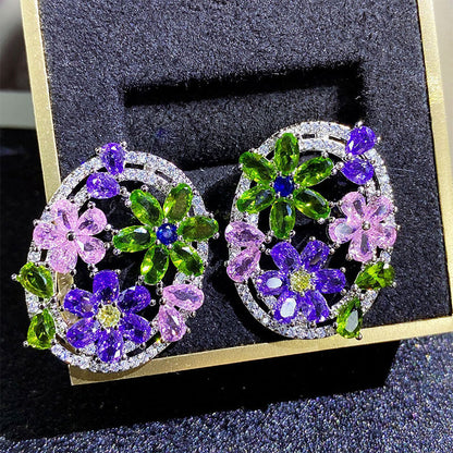 Purple Blossom Floral Earrings Blooming Colorful Zircon Stud Earrings