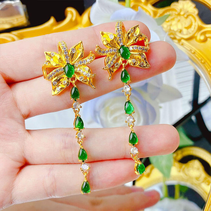 High-quality Imitation Emerald Earrings Super Fairy Bow Long Tassel Earrings