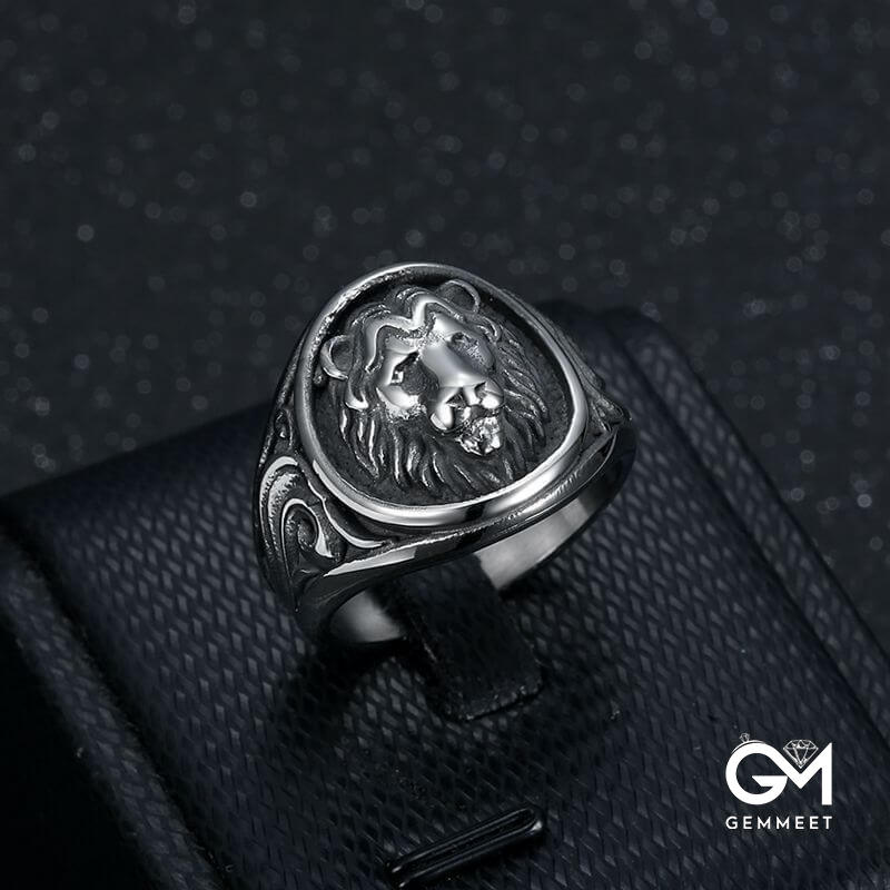 Vintage Punk Animal Lion Head Grass Pattern Men's Ring