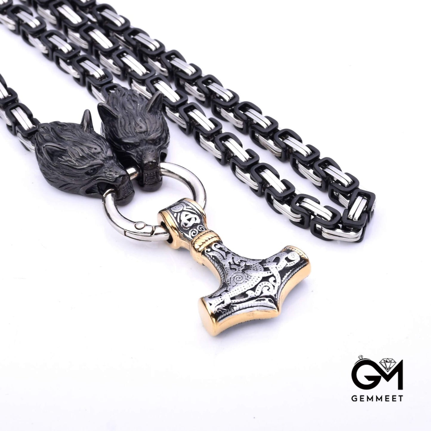 Stainless Steel Viking Wolf Head Thor Hammer Necklace