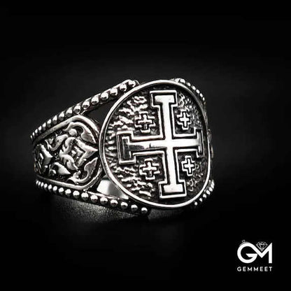 Titanium Steel Lorraine Cross Boiled Black Polished Ring