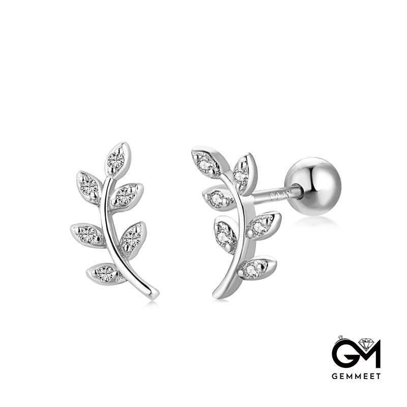 S925 Sterling Silver Threaded Leaf Stud Earrings