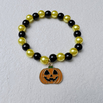 Halloween Pumpkin Bat Bracelet Acrylic Faux Pearl Orange Line Bracelet