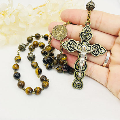 Tiger Eye Cross Pendant Rosary Necklace