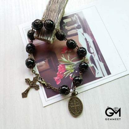 Obsidian Holy Medal Cross Pendant Rosary Bracelet