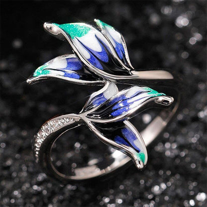 Blue Pink Feather Leaves Ring