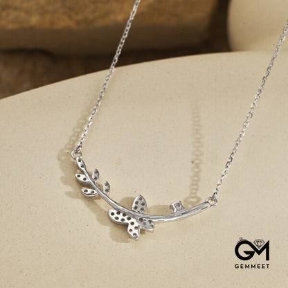 S925 Sterling Silver Zircon Leaf Flower Butterfly Necklace