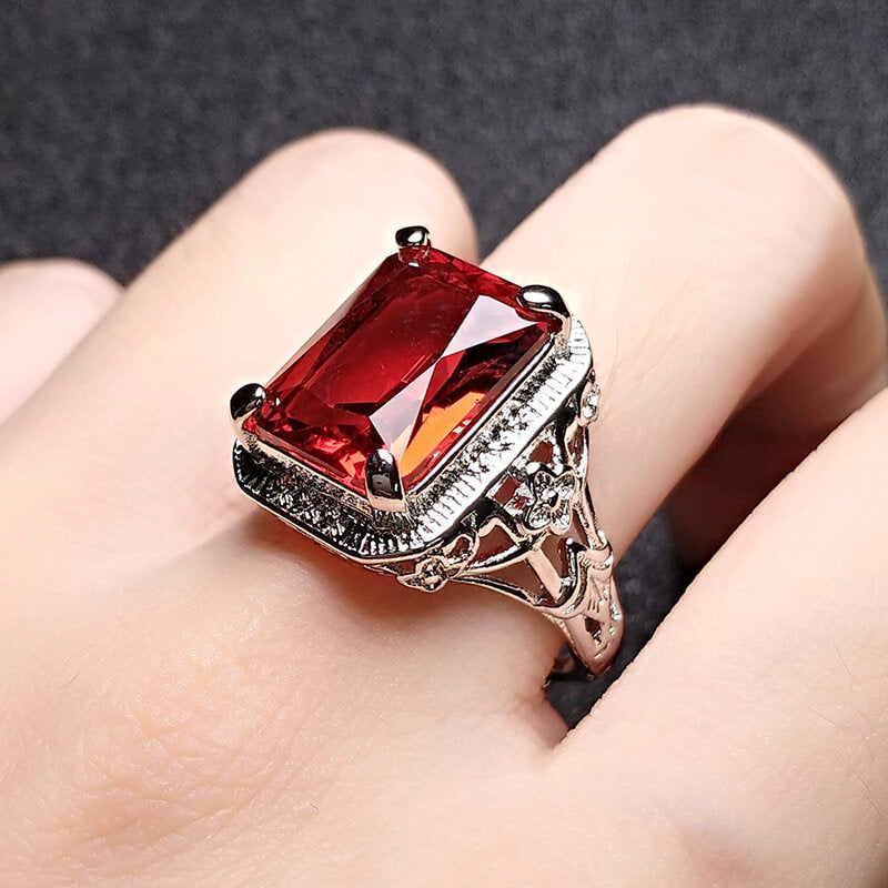 New Pigeon Blood Imitation Ruby Ring Hollow Pattern Square Imitation Emerald Tourmaline Ring