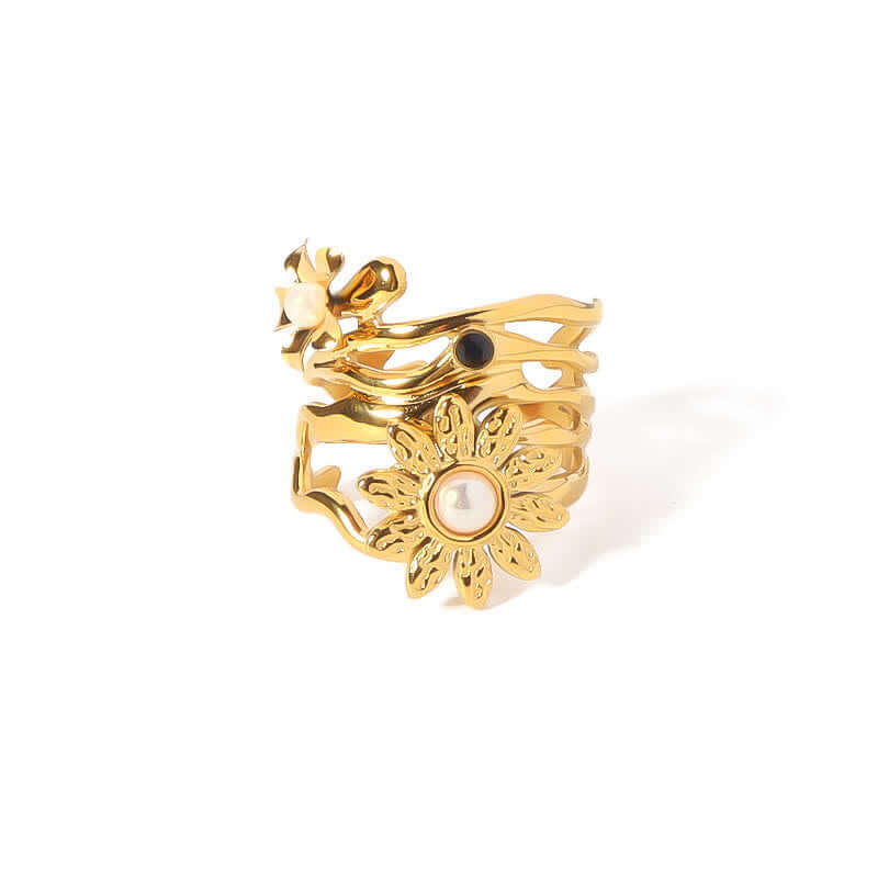 Women's 18K Gold Plated Pearl Sunflower Ring