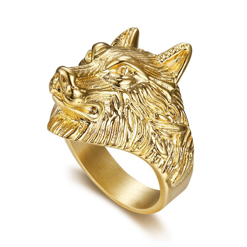 Hip Hop Jewelry Gold Plated Wolf Head Men's Ring