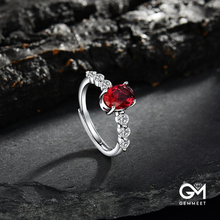 Oval Ruby Quartz Zircon Adjustable Ring