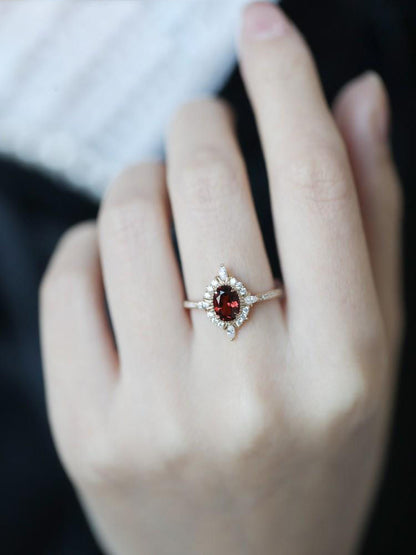 S925 Oval Ruby Halo Stones Ring