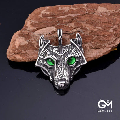 Stainless Steel Wolf Head Green Zircon Eye Necklace