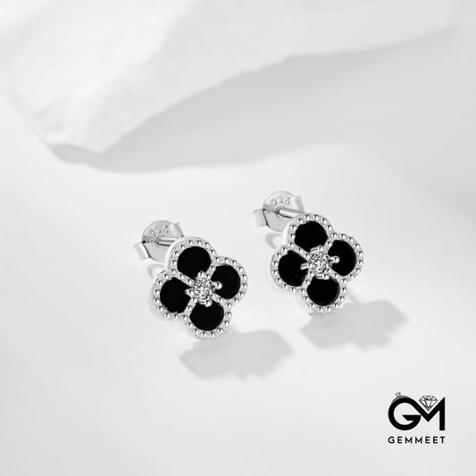 S925 Sterling Silver Black Agate Four-leaf Clover Earrings