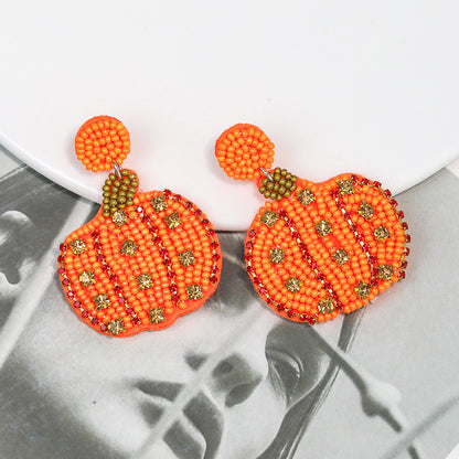 Halloween Handmade Rice Beads Inlaid Zircon Pumpkin Earrings for Women