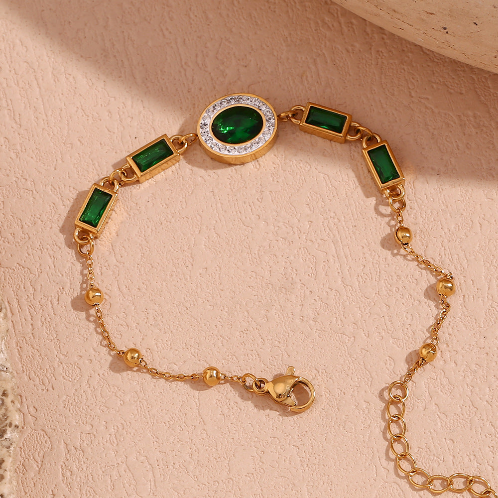 Stainless Steel Gold Plated Oval Green Zircon Bracelet