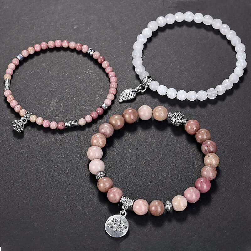 Rhodochrosite Lotus Symbol 3 - Piece Bracelet