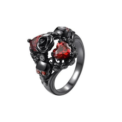 Retro Skull Love Heart Ruby Ring