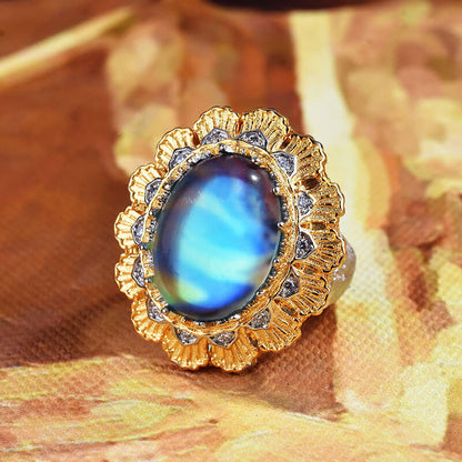 Oval Cut Blue Moonstone Sunflower Ring