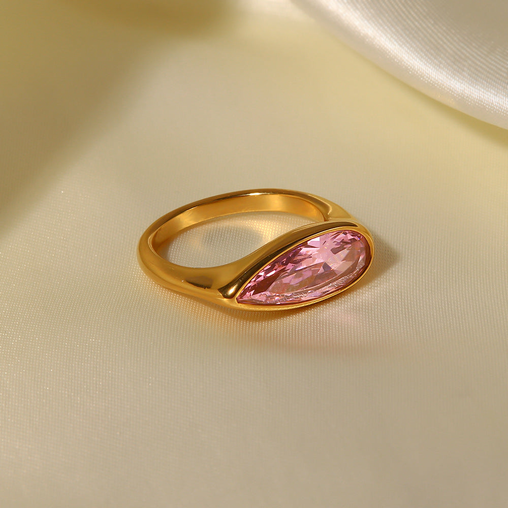 Stylish Stainless Steel Oval Pink Zircon Ring