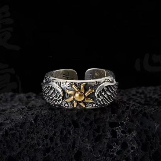 Vintage Men's Graffiti Alphabet Sunflower Wings Ring