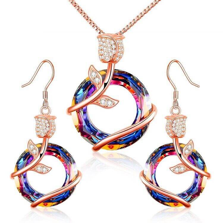 Women's Colorful Circle Rose Necklace and Earrings