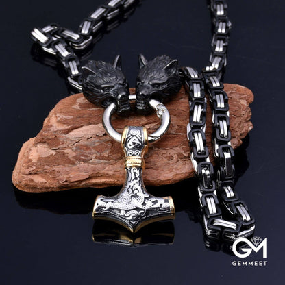 Stainless Steel Viking Wolf Head Thor Hammer Necklace