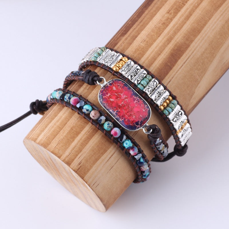 Dual Color Imperial Stone Multi-Layer Braided Leather Wrapped Bracelet