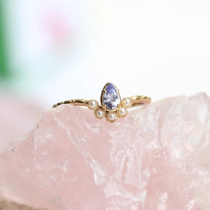 S925 Sapphire Pearl Teardrop Double Layer Ring