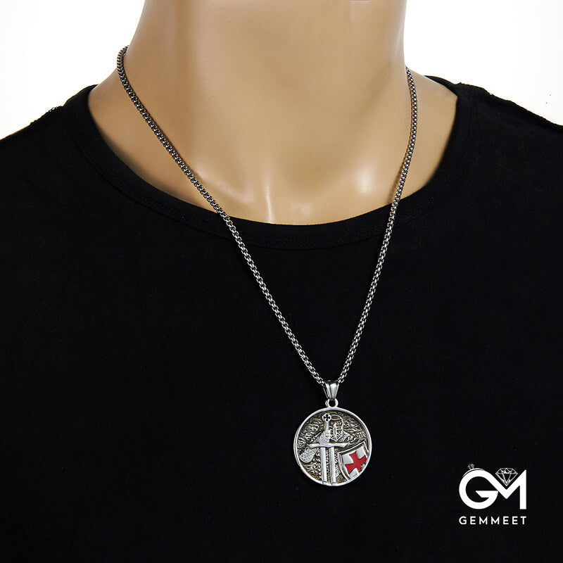 Stainless Steel Knight Red Cross Necklace