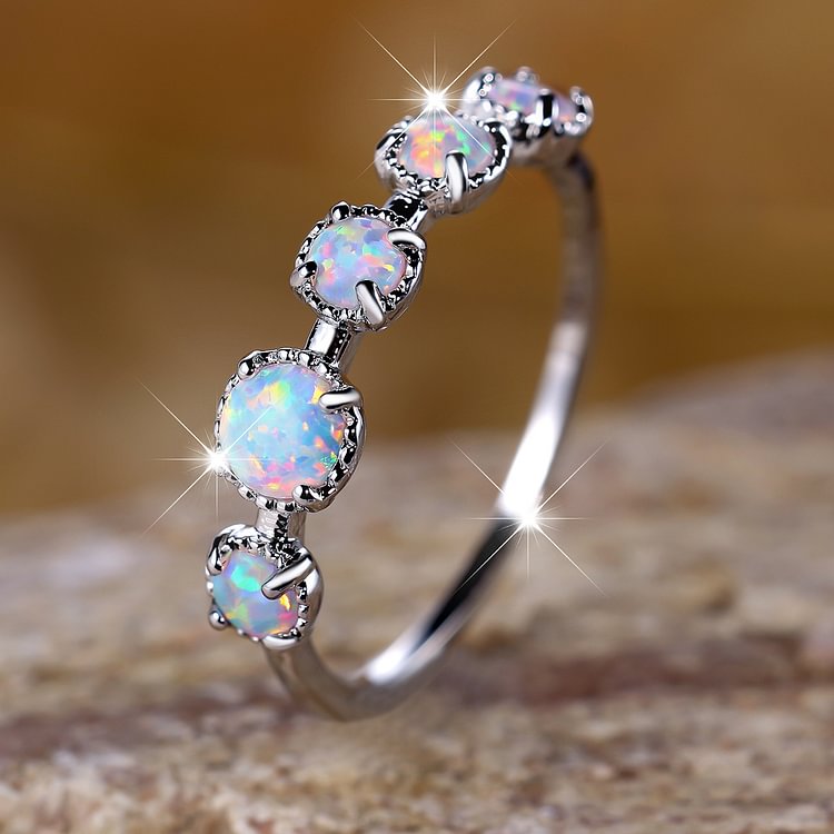 Five Blue White Opal Simple Designs Ring