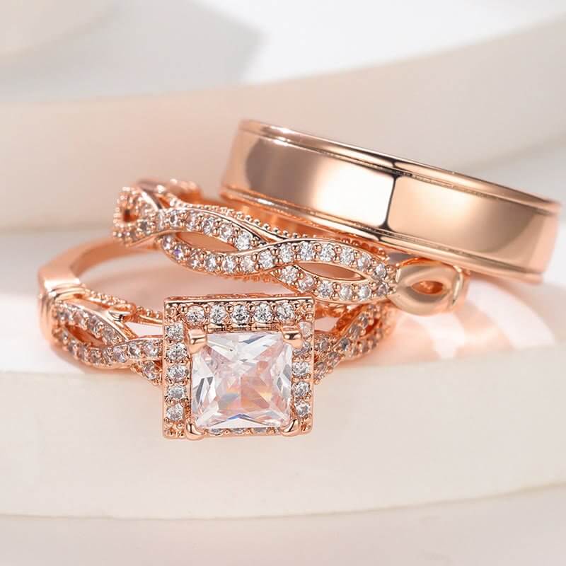 Rosegold White Zircon 3 Piece Ring Set