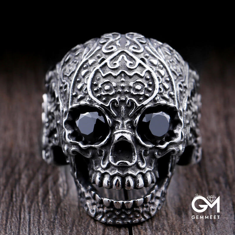 Titanium Steel Inlaid with Zircon Carved Skull Ring