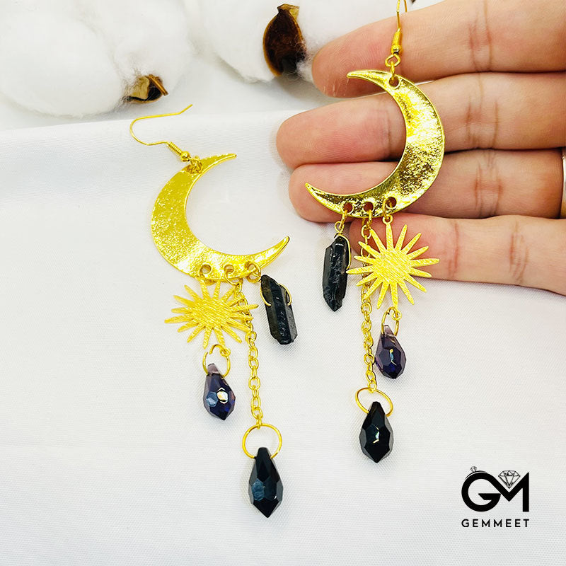 Obsidian Sun And Cresent Moon Earrings