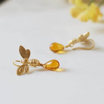 Bee Topaz Honey Drop Amber Earrings & Necklace