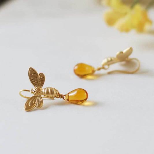 Bee Topaz Honey Drop Amber Earrings & Necklace