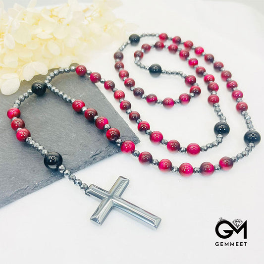 Pink Tiger Eye Cross Pandant Rosary Necklace