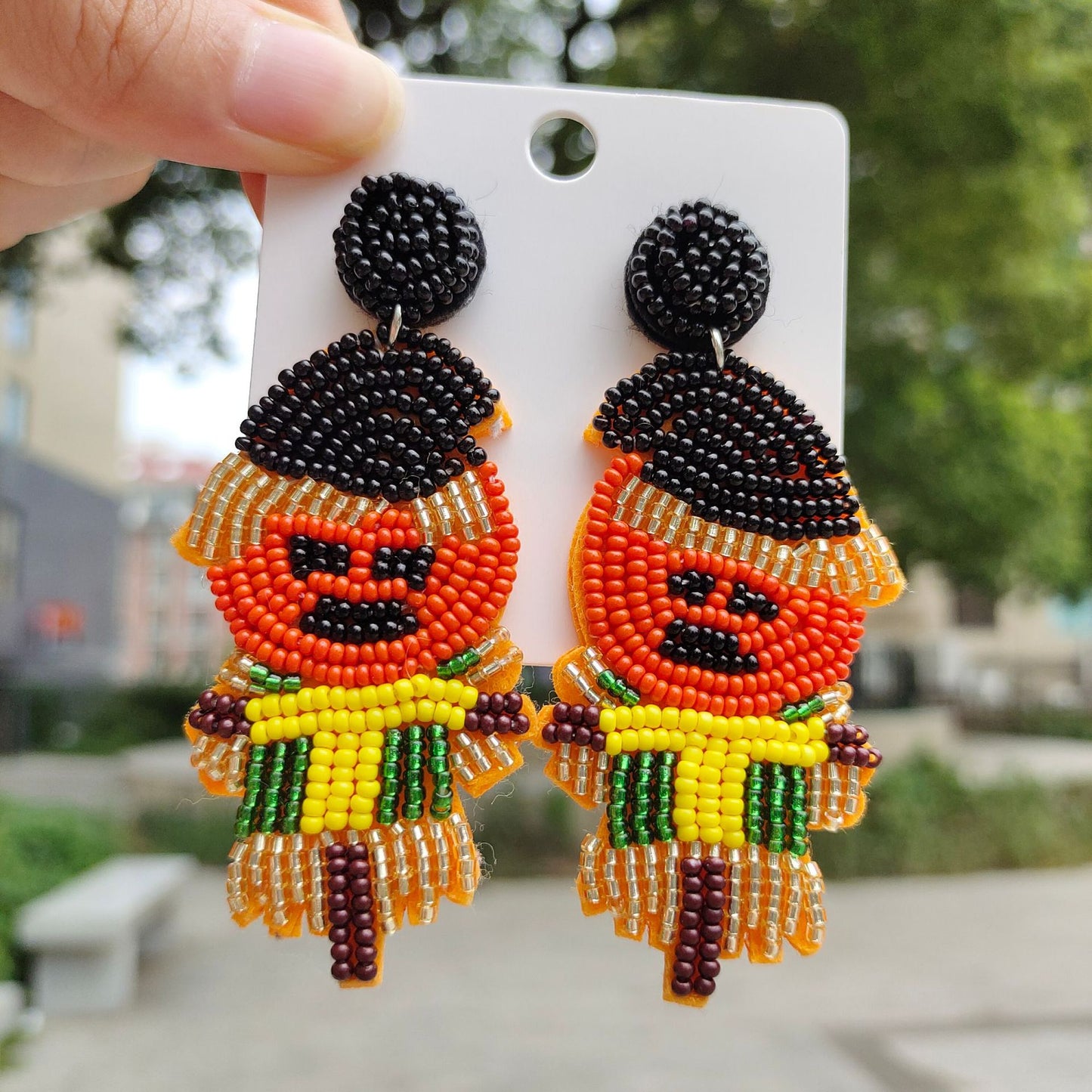 Halloween Funny Pumpkin Hand-stitched Rice Bead Earrings