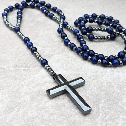 Tiger Eye Lapis Lazuli Cross Men Rosary Necklace