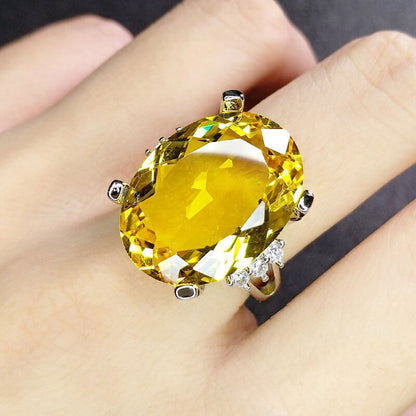 Simulated Emerald Low Luxury Egg Shape Topaz Yellow Tourmaline Ring