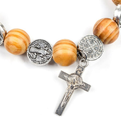 Natural Wood Stretch Cord Alloy Cross Rosary Bracelet