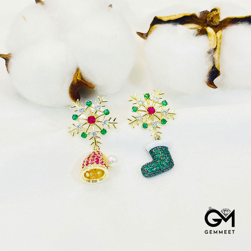 Christmas Gift  S925 Silver Needle Snowflake Boots Hat Colorful Zircon Earrings