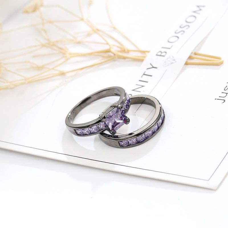 Black Gold Double Layer Purple Stones Love Couple Rings