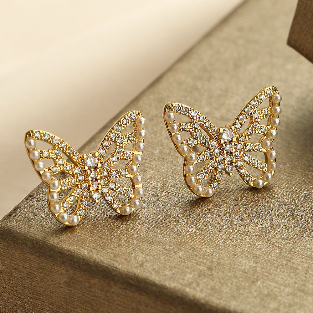 Cute Hollow Butterfly Pearl & Full Stones Stud Earrings