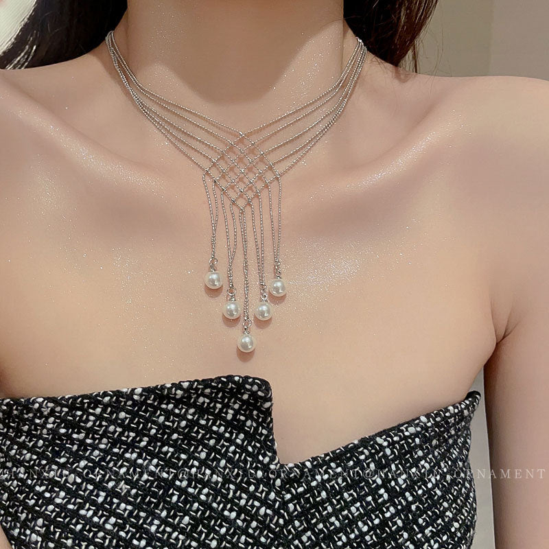 Diamond Pearl Fringe Necklace