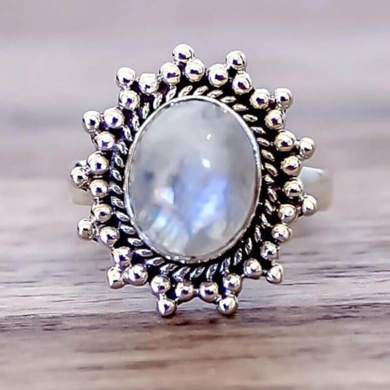 Big Oval Cut Moonstone Halo Sunflower Ring