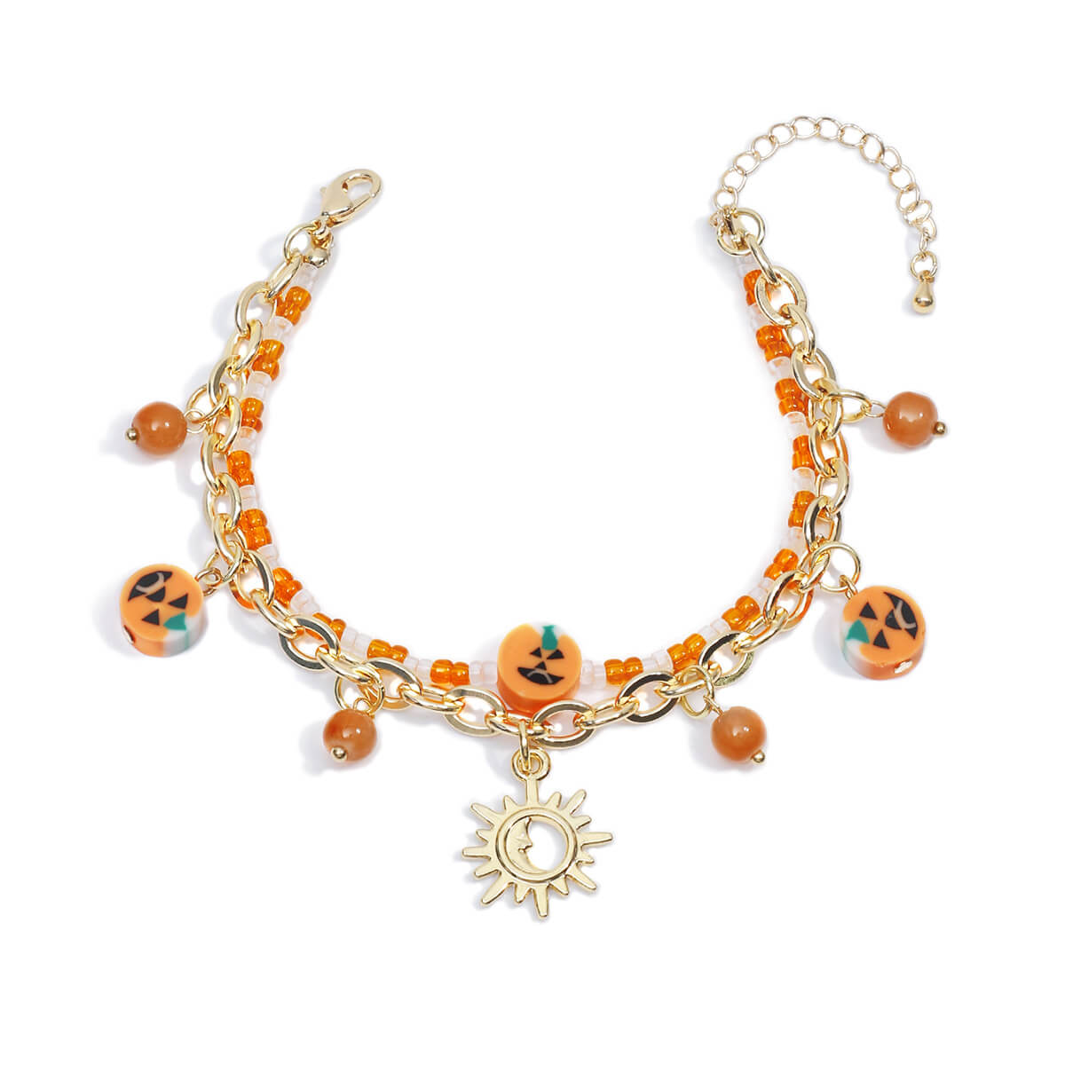 Halloween Chain Rice Beads Double Layer Moon Sun Pumpkin Clay Pendant Bracelet