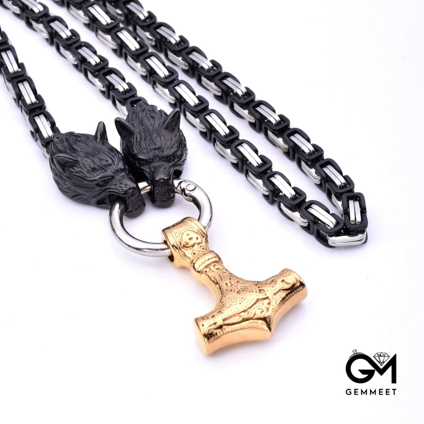 Stainless Steel Viking Wolf Head Thor Hammer Necklace