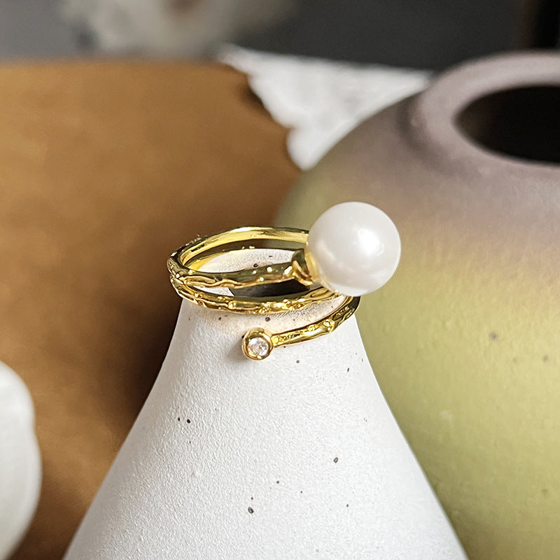 Light Luxury Twine Pearl Adjustable Size Gold and Silver Two-color Ring